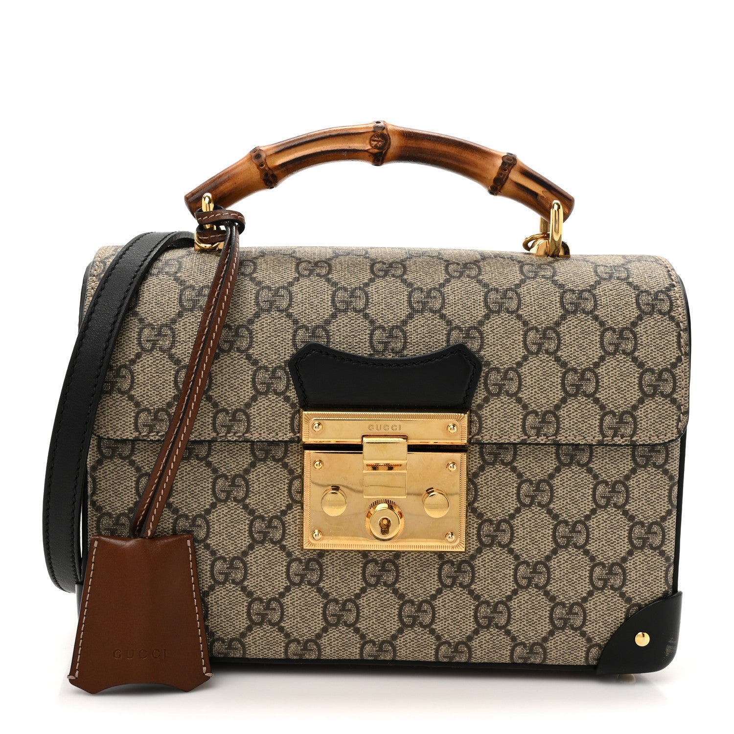 Gucci GG Supreme Monogram Small Padlock Bamboo Shoulder Bag Beige Black Cuir 1 of 15