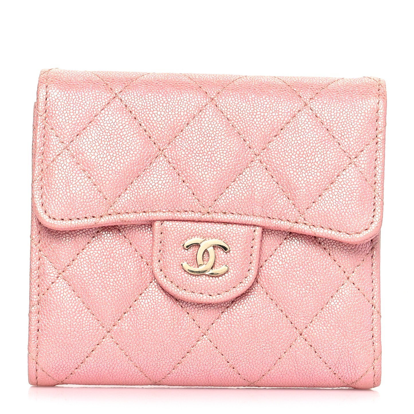 Iridescent Caviar Quilted Compact Flap Wallet Pink