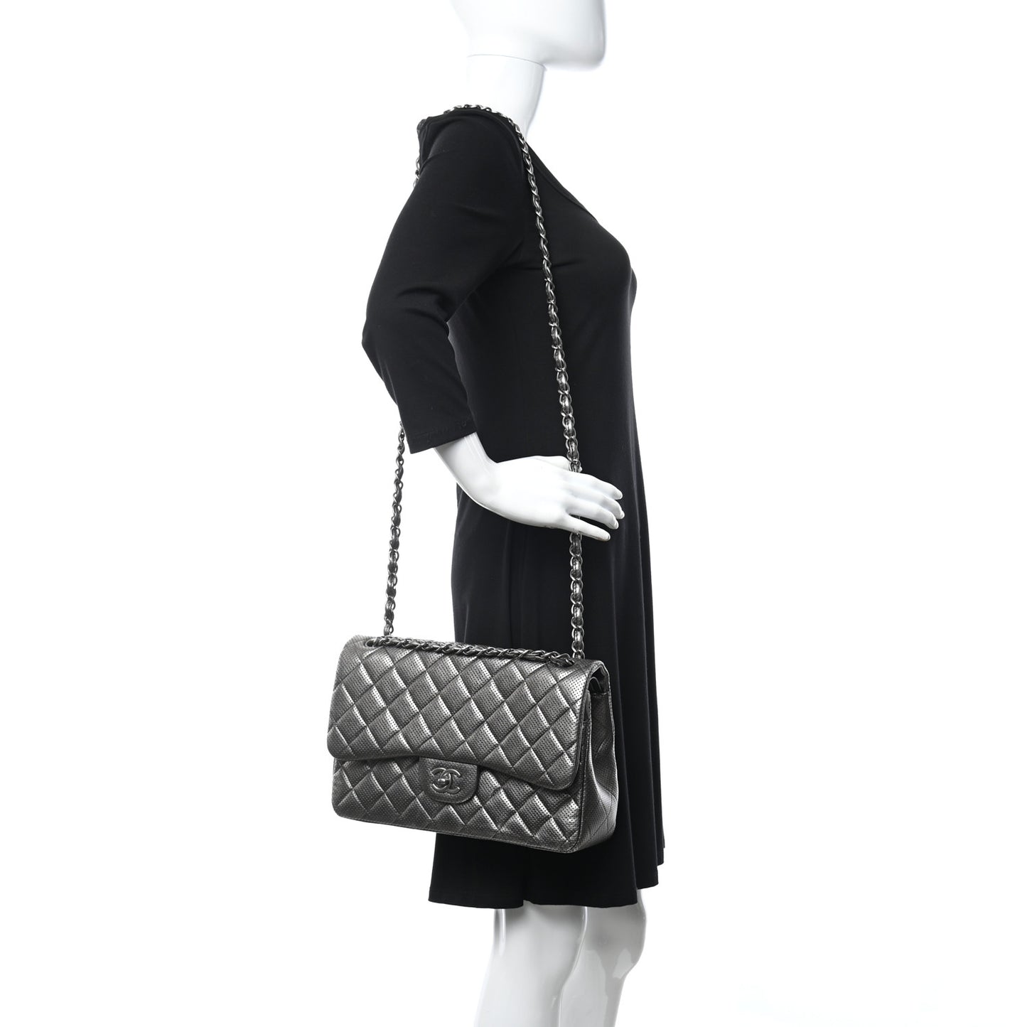 Metallic Perforated Lambskin Quilted Jumbo Double Flap Dark Silver
