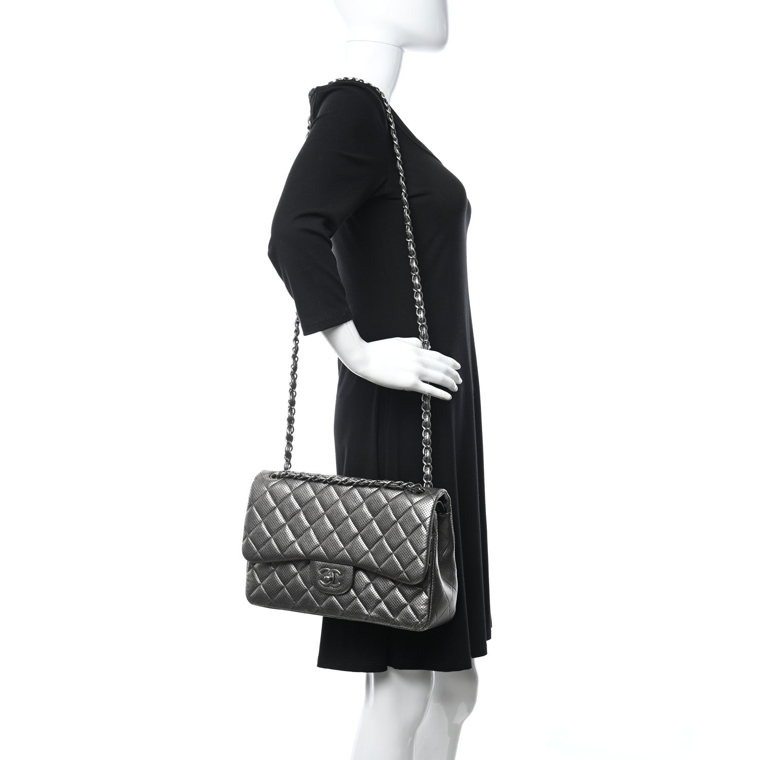 Chanel Metallic Perforated Lambskin Quilted Jumbo Double Flap Dark Silver 2 of 11