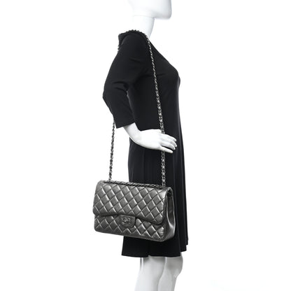 Chanel Metallic Perforated Lambskin Quilted Jumbo Double Flap Dark Silver 2 of 11
