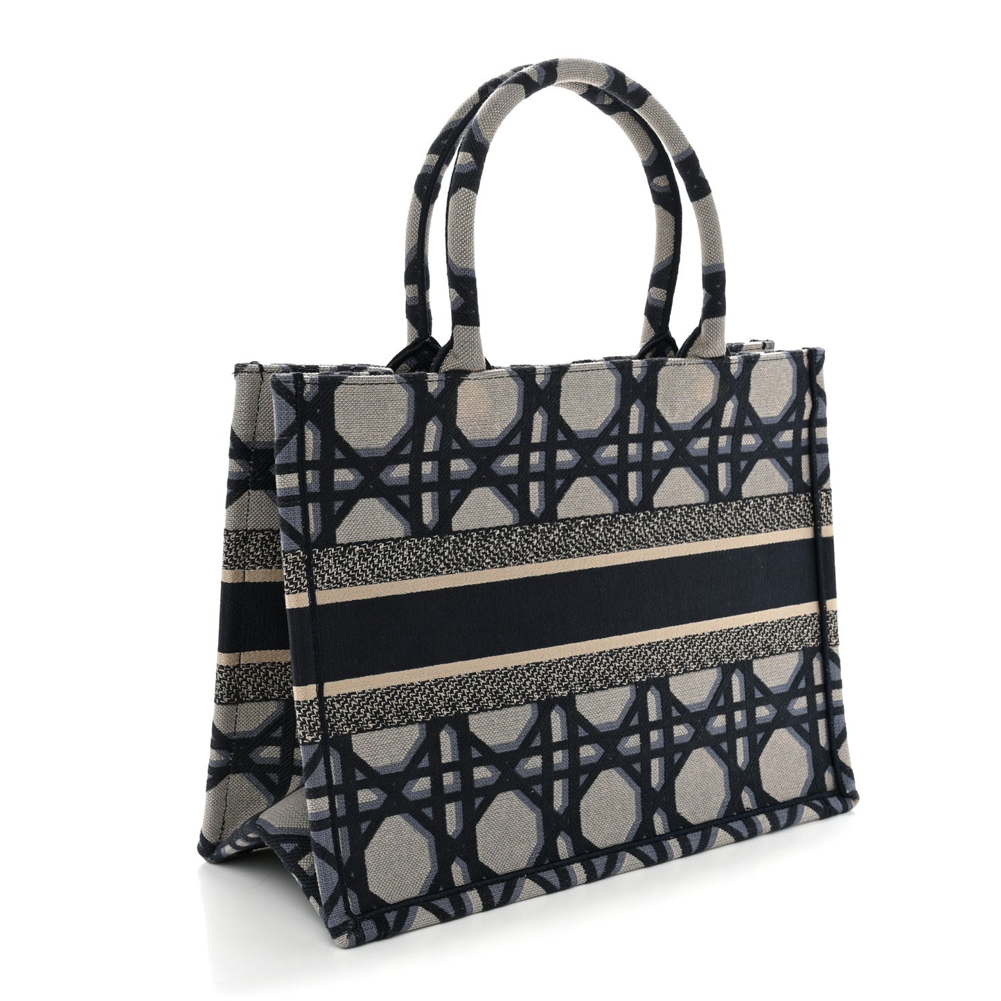 Canvas Macrocannage Embroidered Medium Book Tote Beige Blue