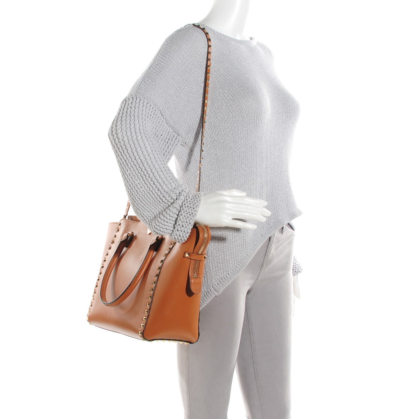 Vitello Rockstud Double Handle Tote Light Cuir