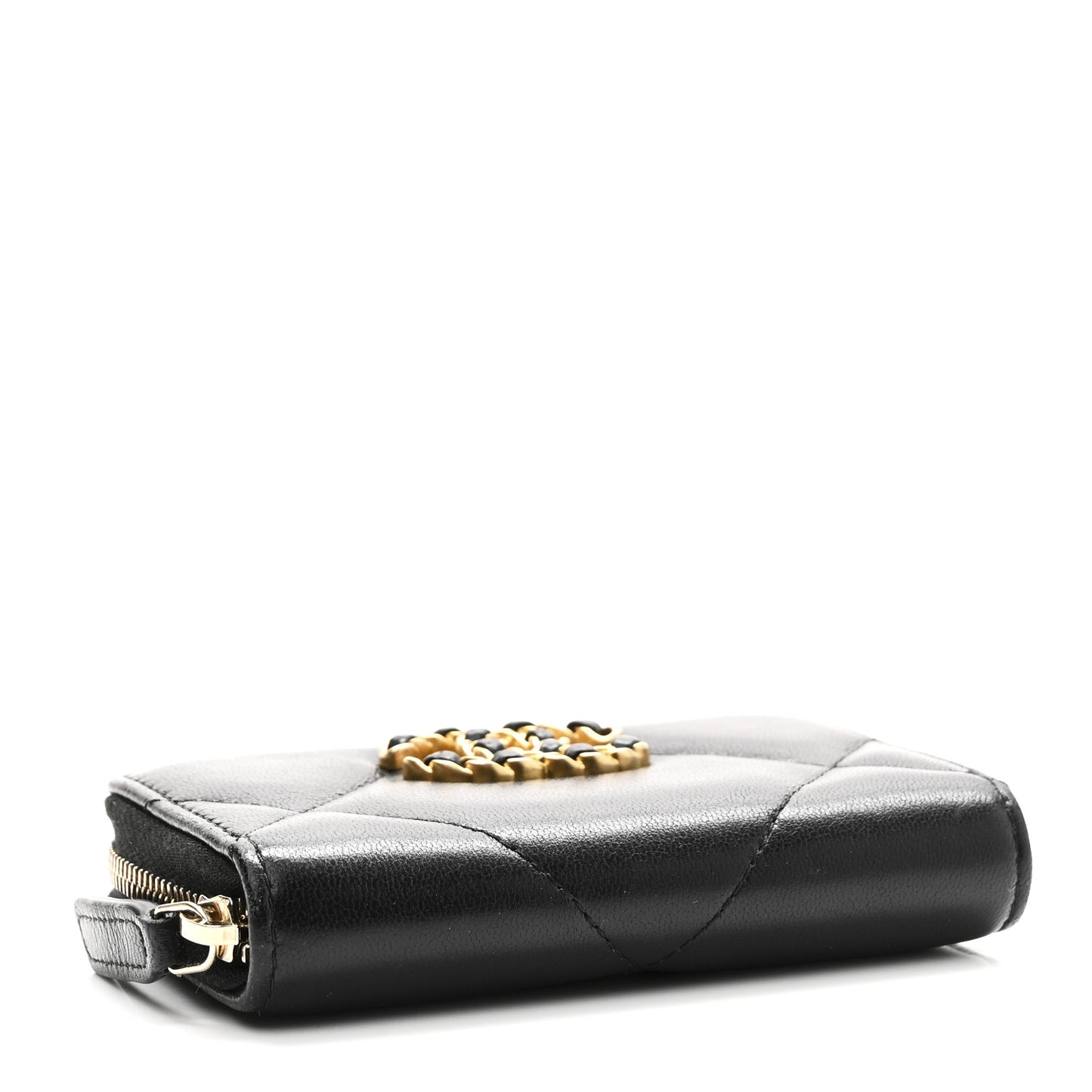 Lambskin Quilted Chanel 19 Zip Around Coin Purse Wallet Black
