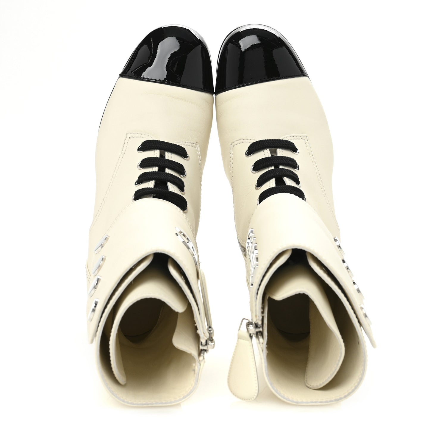 Calfskin Patent Cap Toe CC Lace Up Boots 38 Ivory Black