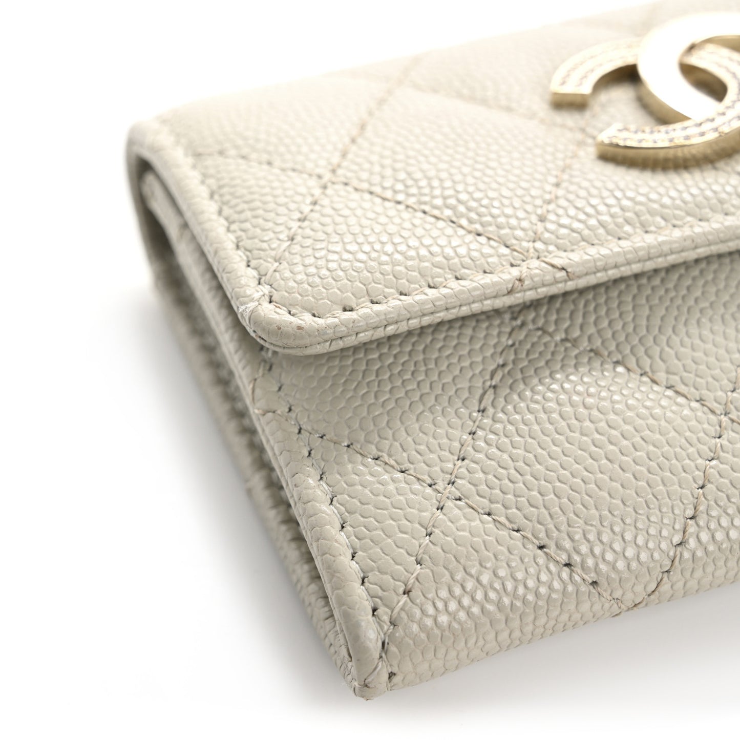 Caviar Quilted Crystal CC Flap Card Holder Light Grey