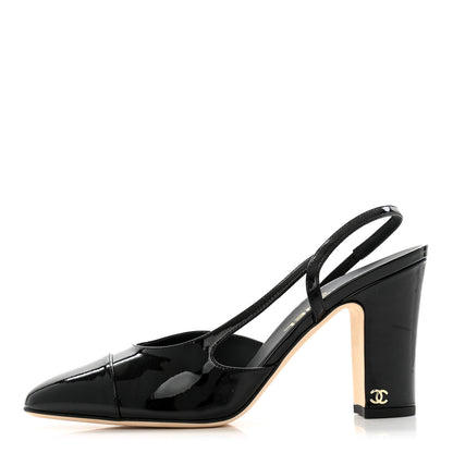 Chanel Patent Calfskin Cap Toe CC Slingback Pumps 39.5 Black 1 of 9