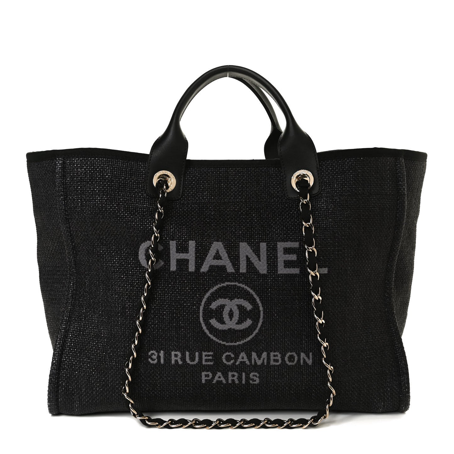 Woven Straw Raffia Medium Deauville Tote Black