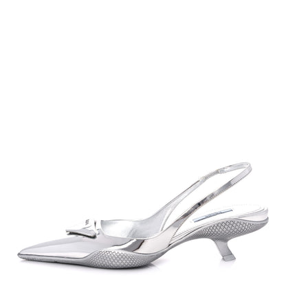 Prada Spazzolato Triangle Logo Pointed Toe 45mm Slingback Pumps 37.5 Argento 1 of 10
