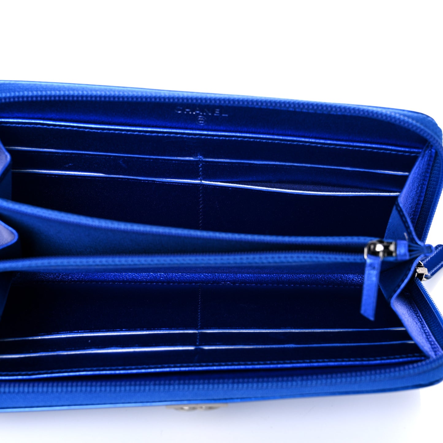 Metallic Patent Calfskin Quilted Boy L-Gusset Zip Wallet Blue