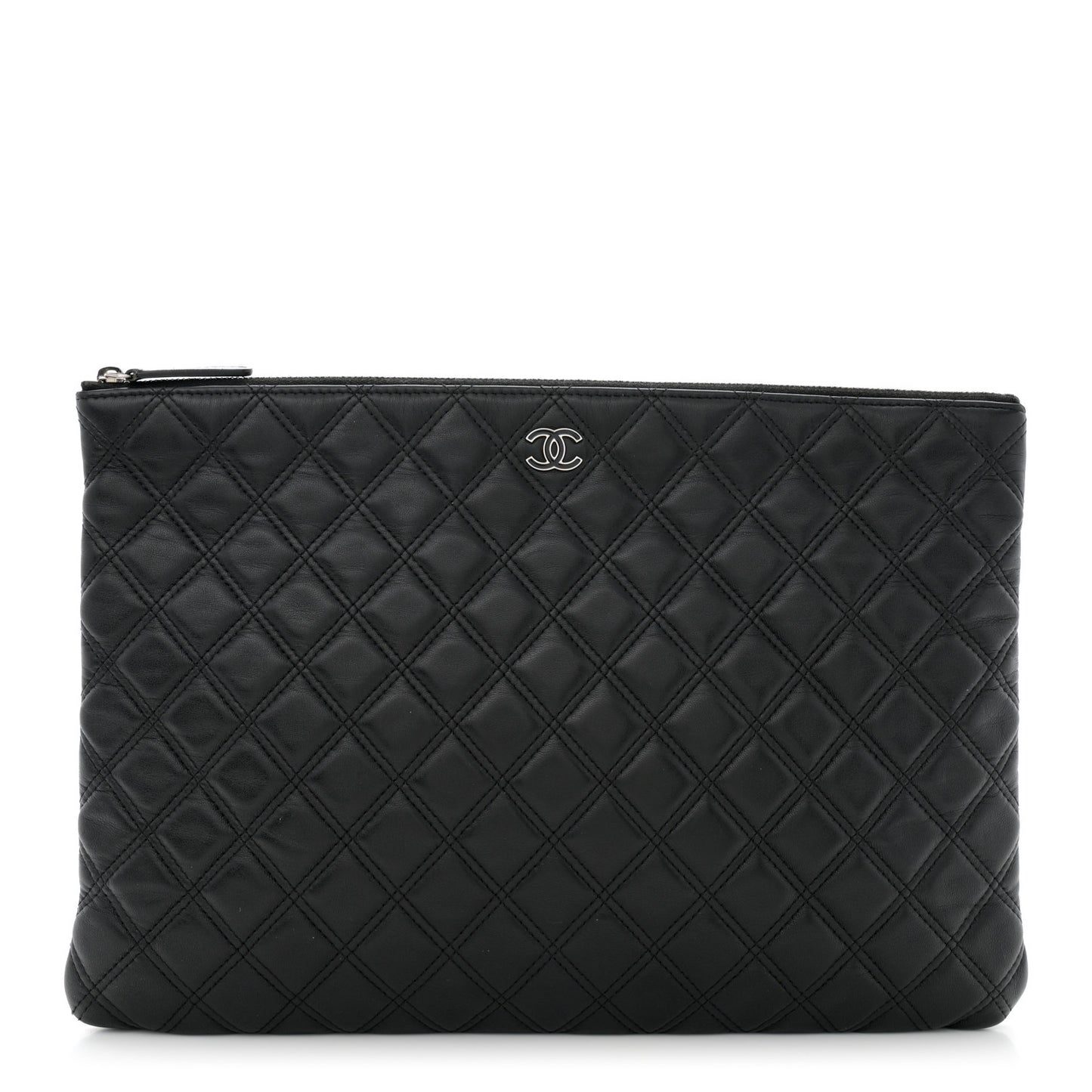 Lambskin Double Stitch Quilted Large Cosmetic Case Black