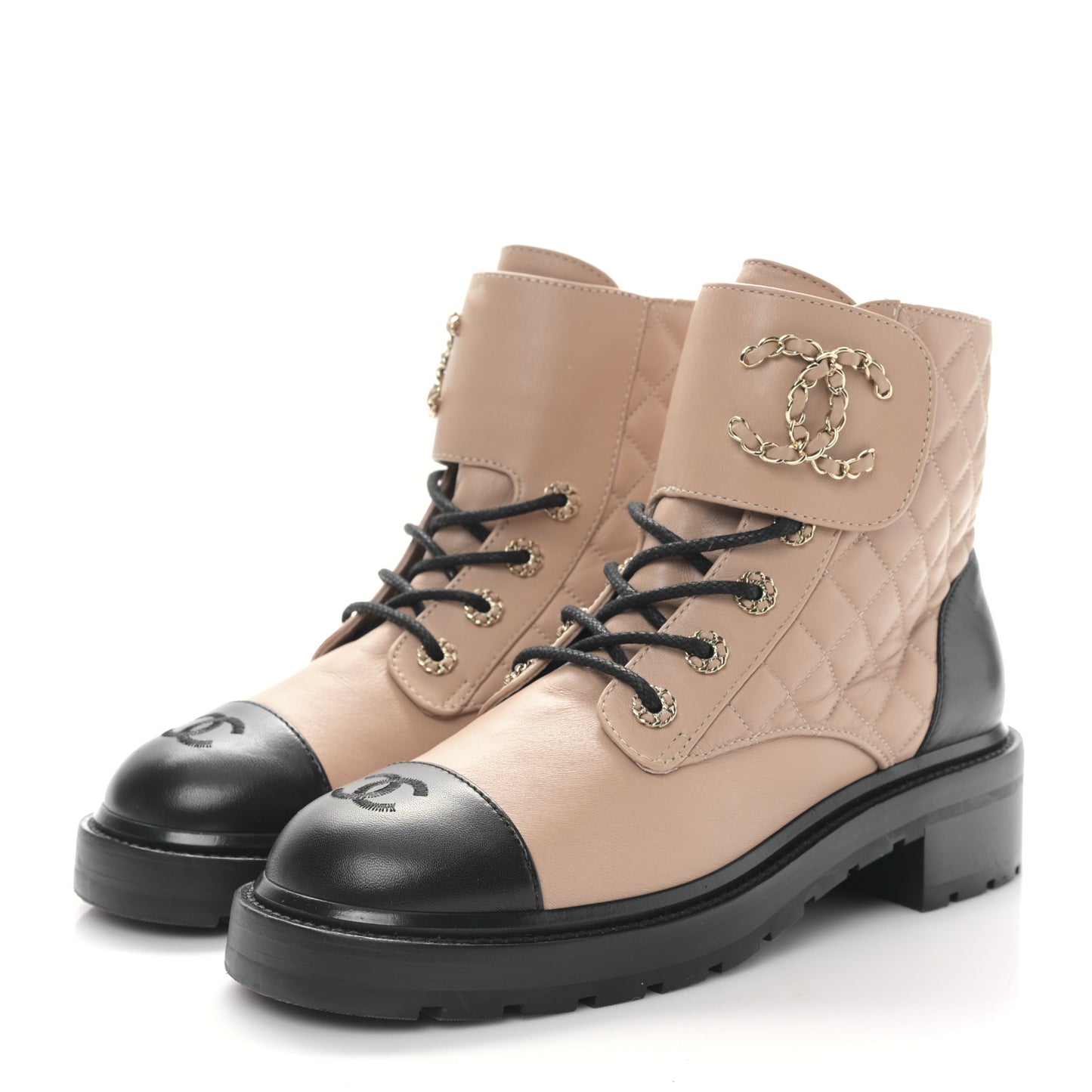 Shiny Lambskin Quilted Lace Up Combat Boots 40.5 Beige Black