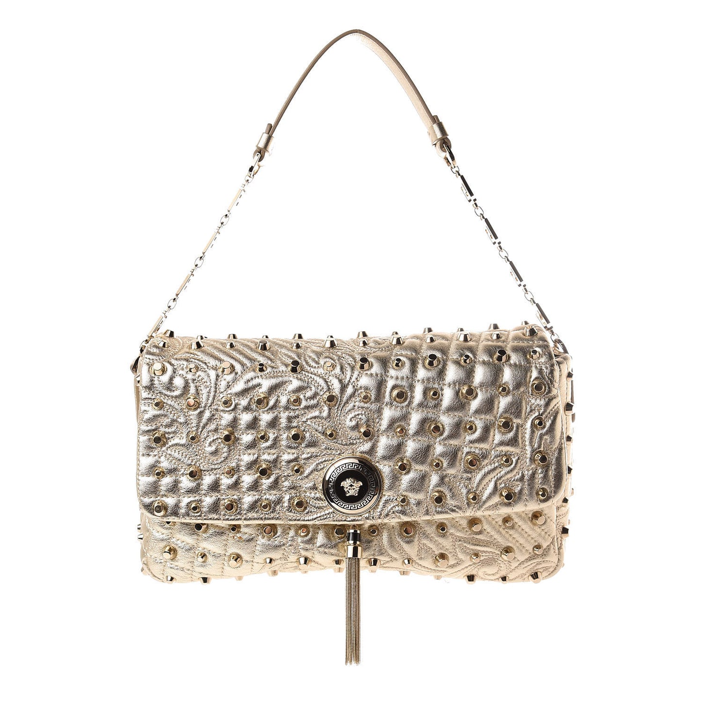 Metallic Nappa Barocco Quilted Studded Calliope Vanitas Shoulder Bag Gold