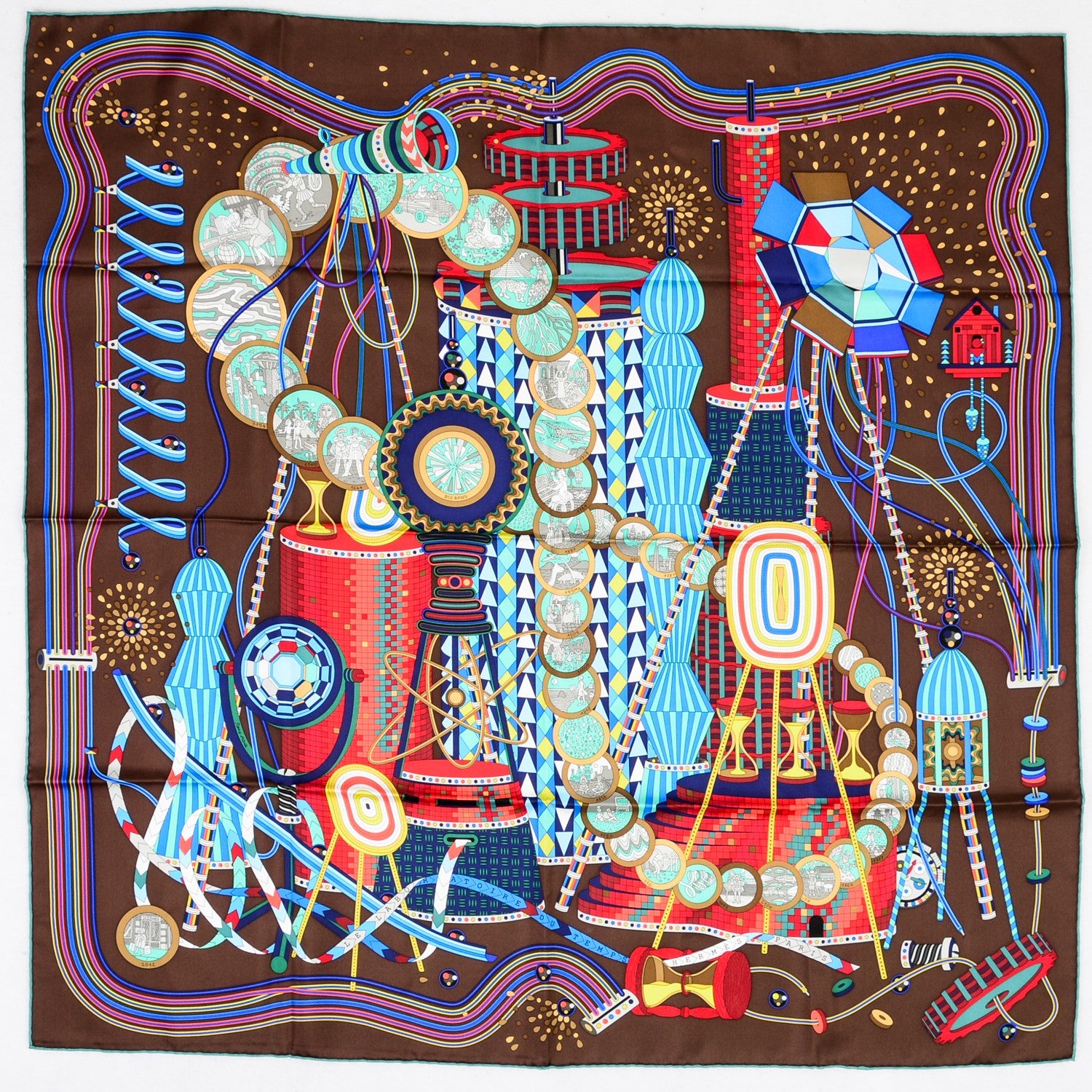 Hermes Silk La Laboratoire du Temps Scarf 90 Marron Nocturne Vert Rouge H 2 of 5