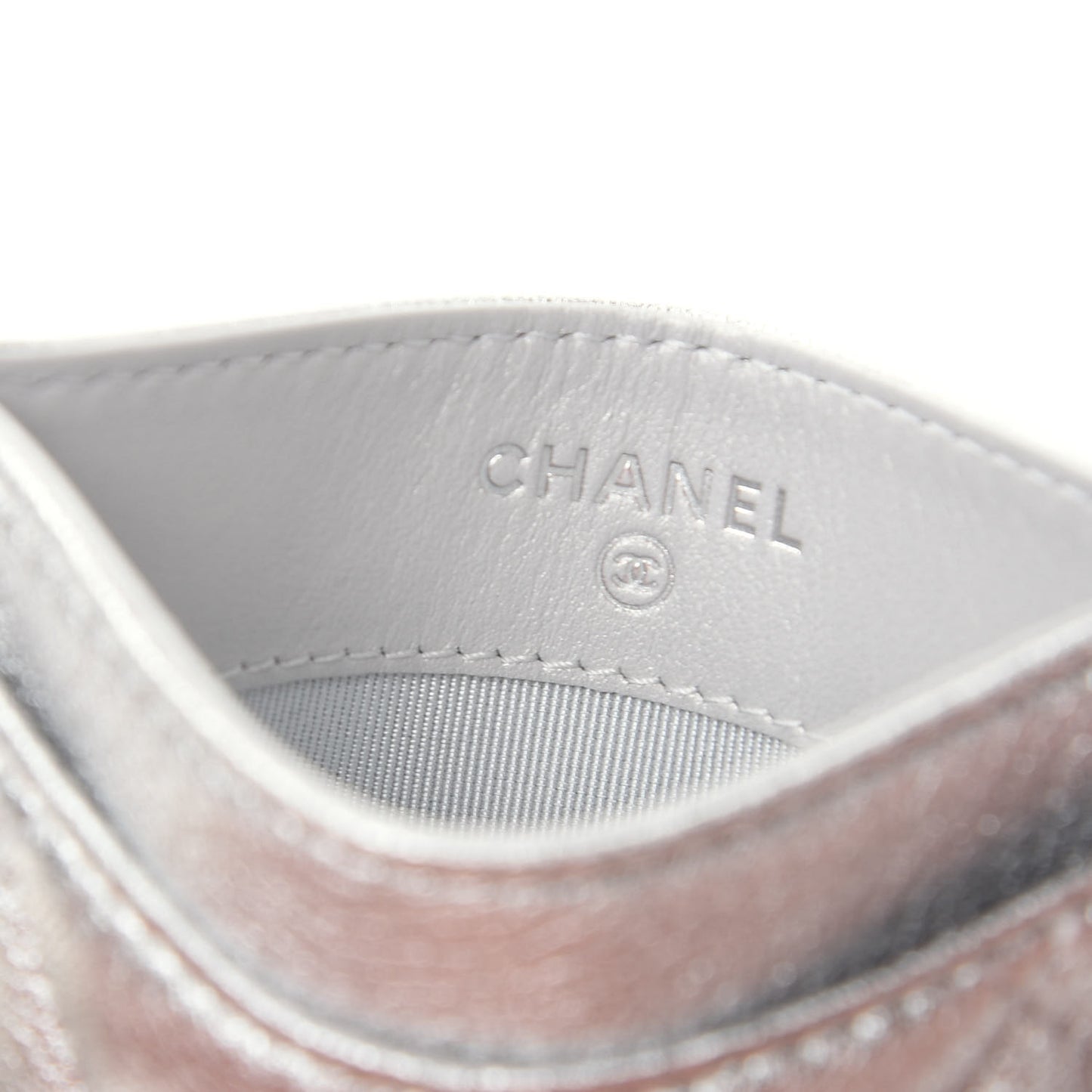 Metallic Lambskin Quilted Card Holder Silver