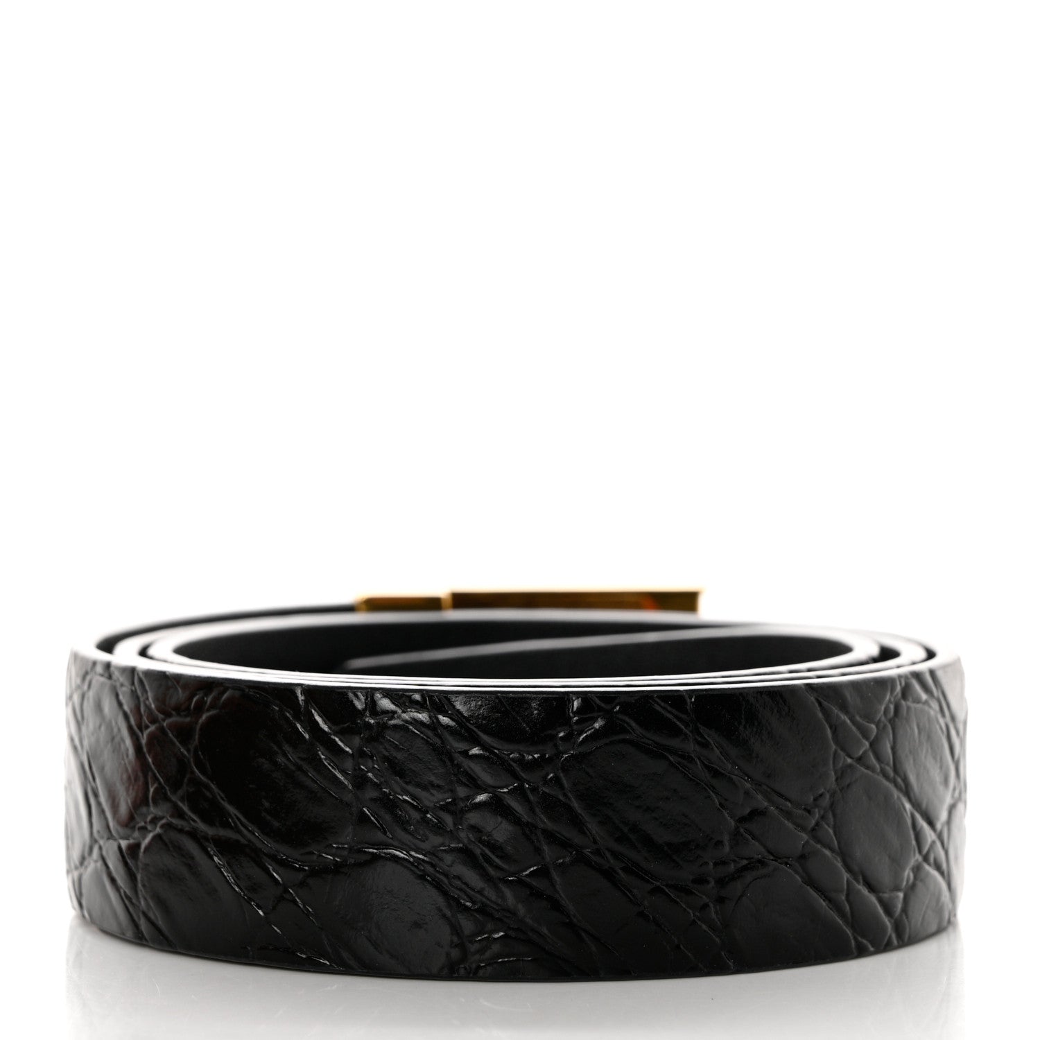 Saint Laurent Calfskin Crocodile Embossed Square Buckle Belt 80 32 Black 2 of 7