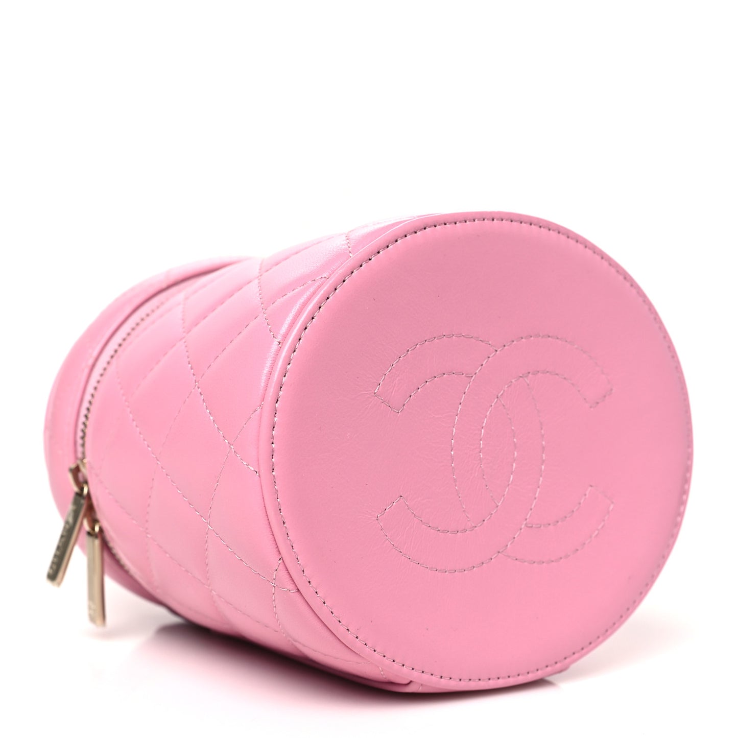 Lambskin Quilted Ruched Handle Vanity Case Pink