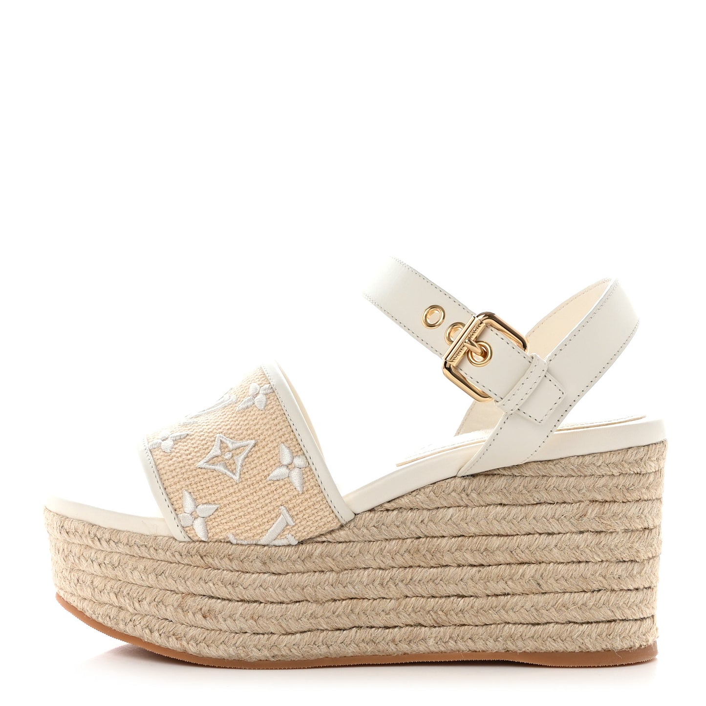 Cotton Monogram Embroidered Starboard Wedge Espadrilles 38.5 Beige White