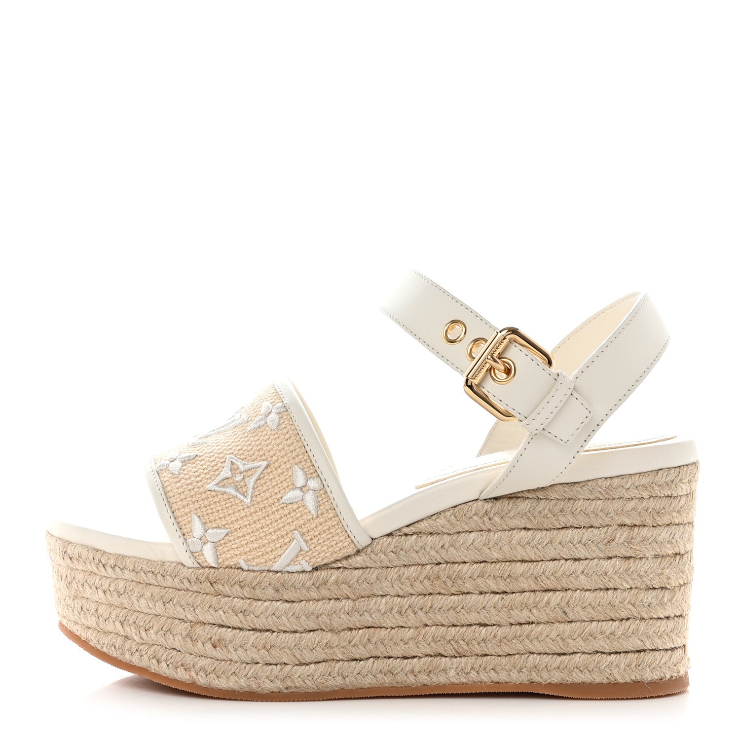 Louis Vuitton Cotton Monogram Embroidered Starboard Wedge Espadrilles 38.5 Beige White 1 of 8