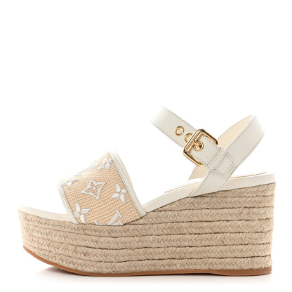 Louis Vuitton Cotton Monogram Embroidered Starboard Wedge Espadrilles 38.5 Beige White 1 of 8