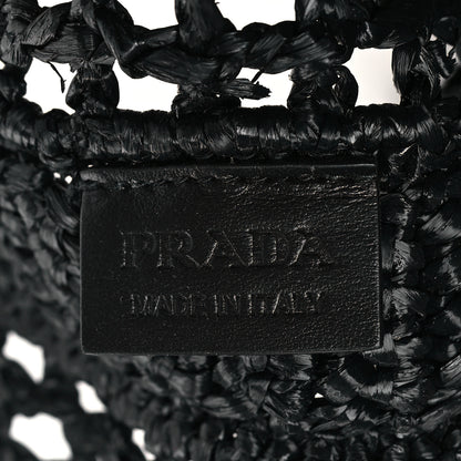 Prada Yarn Raffia Effect Crochet Logo Embroidered Tote Bag Black 6 of 10