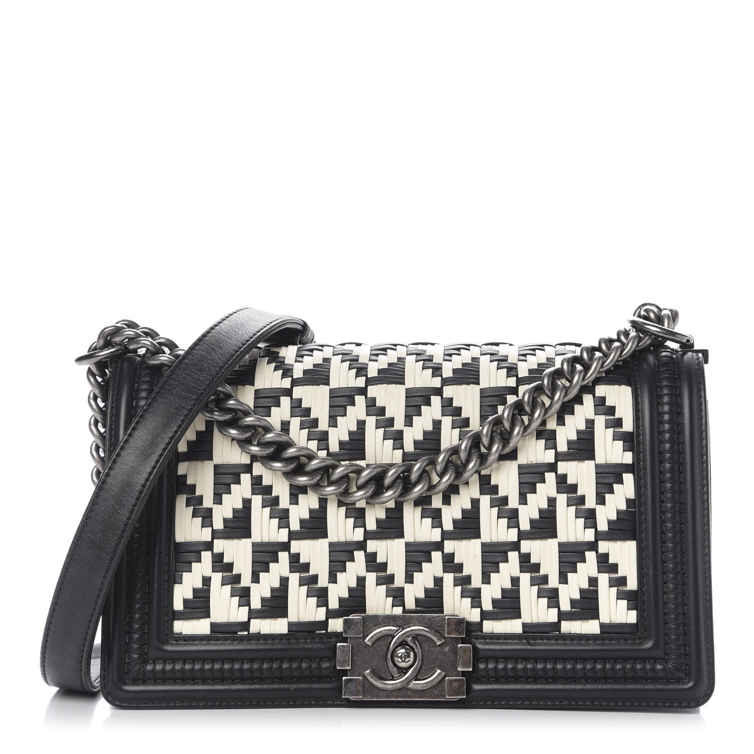 Chanel Calfskin Woven Medium Boy Flap Black White 1 of 12