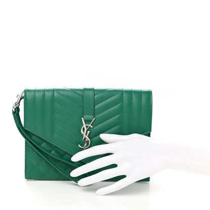 Saint Laurent Grain De Poudre Textured Mixed Matelasse Triquilt Monogram Clutch Green Field 2 of 10