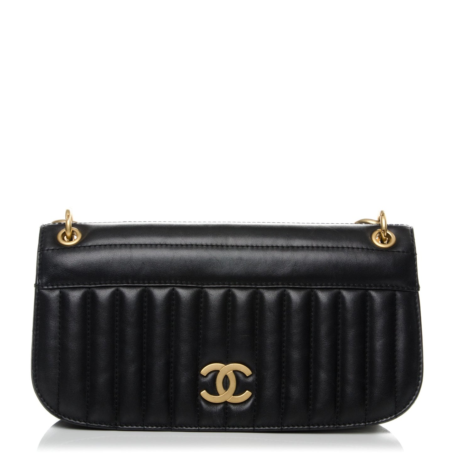 Calfskin Vertical Quilted Single Flap Black