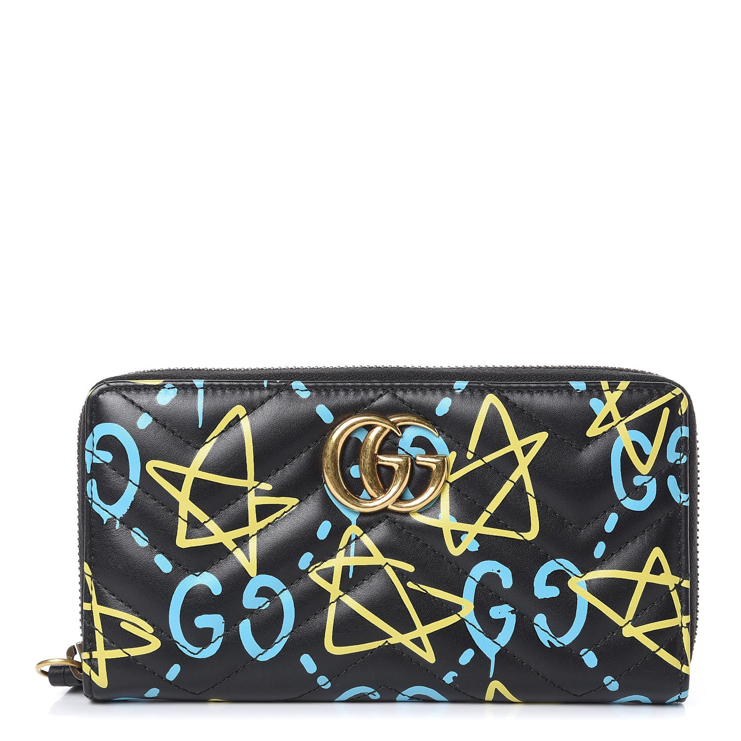 Gucci Calfskin Matelasse GucciGhost GG Marmont Zip Around Wallet Black New Acquamarine 1 of 10