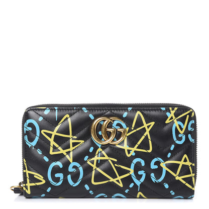 Gucci Calfskin Matelasse GucciGhost GG Marmont Zip Around Wallet Black New Acquamarine 1 of 10