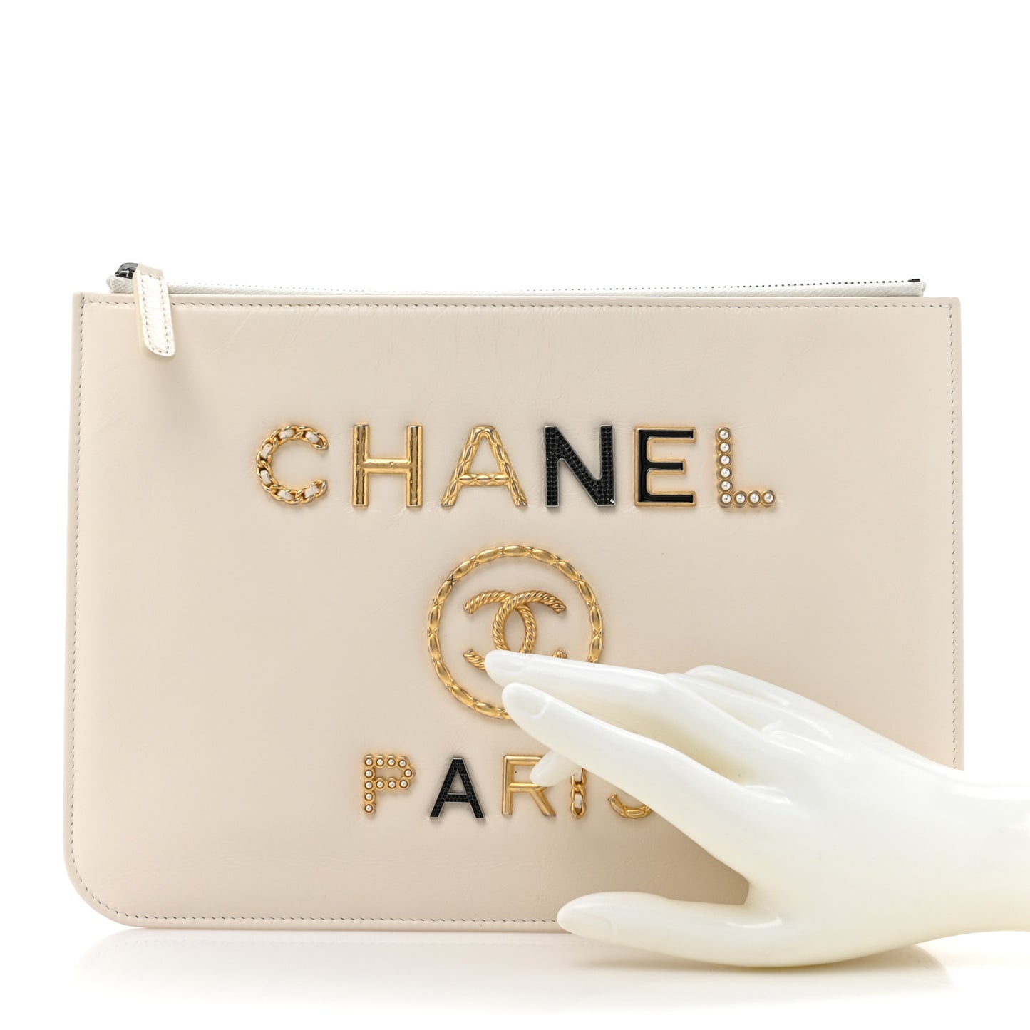 Shiny Calfskin Crystal Pearl Logo Cosmetic Case White