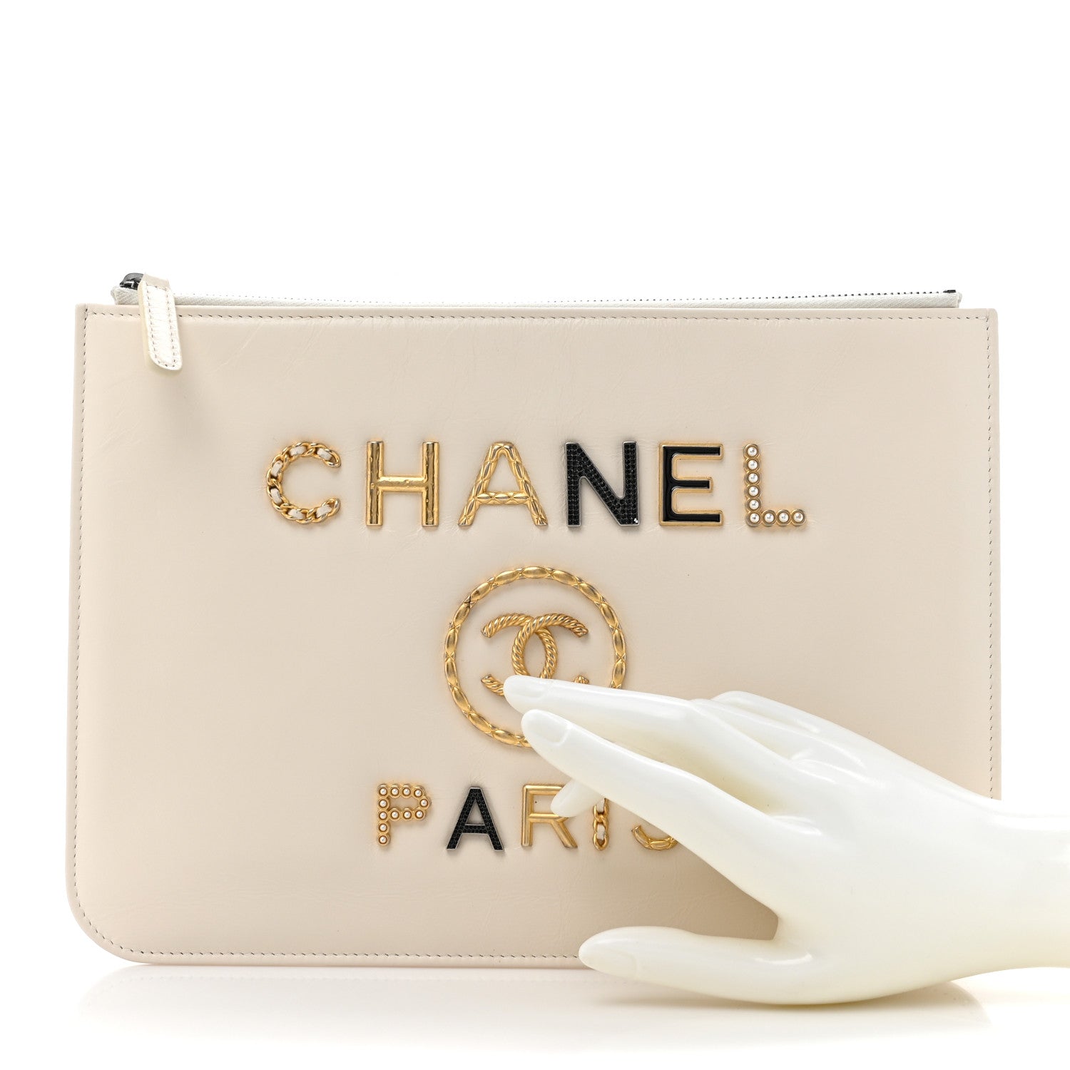 Chanel Shiny Calfskin Crystal Pearl Logo Cosmetic Case White 2 of 10