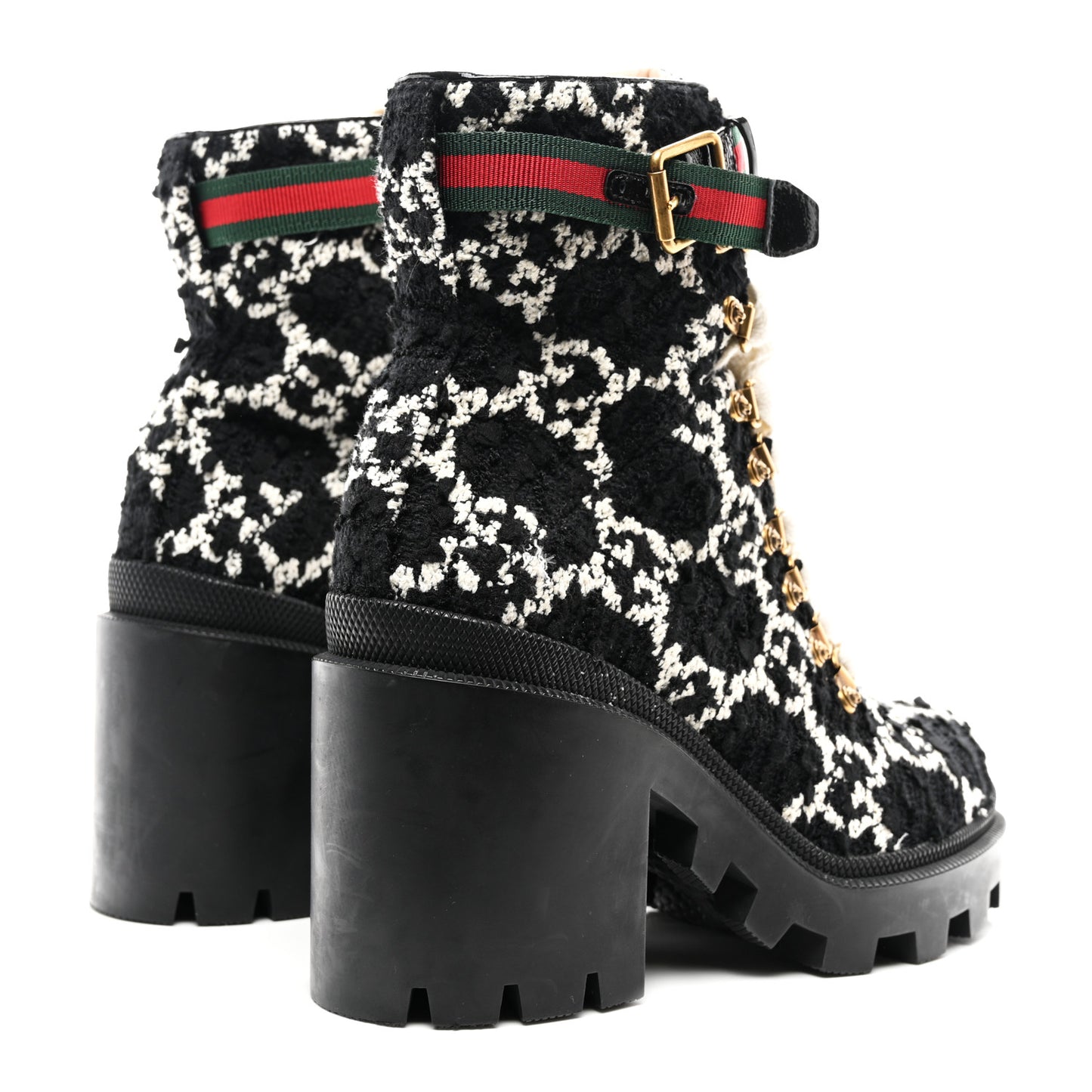 Tweed GG Monogram Lace Up Combat Ankle Boots 37 Black