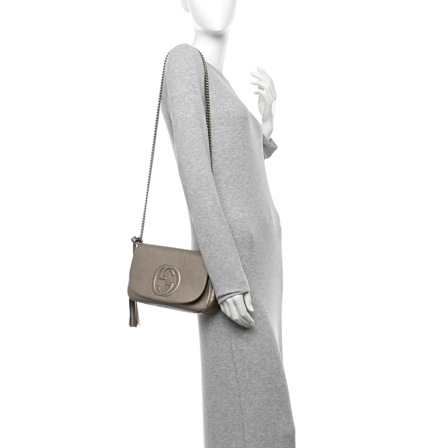 Gucci Metallic Pebbled Calfskin Medium Soho Flap Crossbody Golden Beige 2 of 10