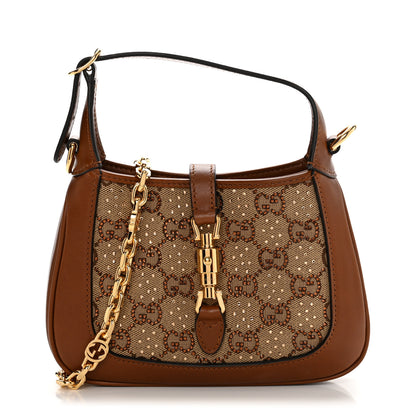 Gucci New Canvas Charisma Calfskin Crystal GG Monogram Mini Jackie 1961 Hobo Camel Ebony 1 of 10
