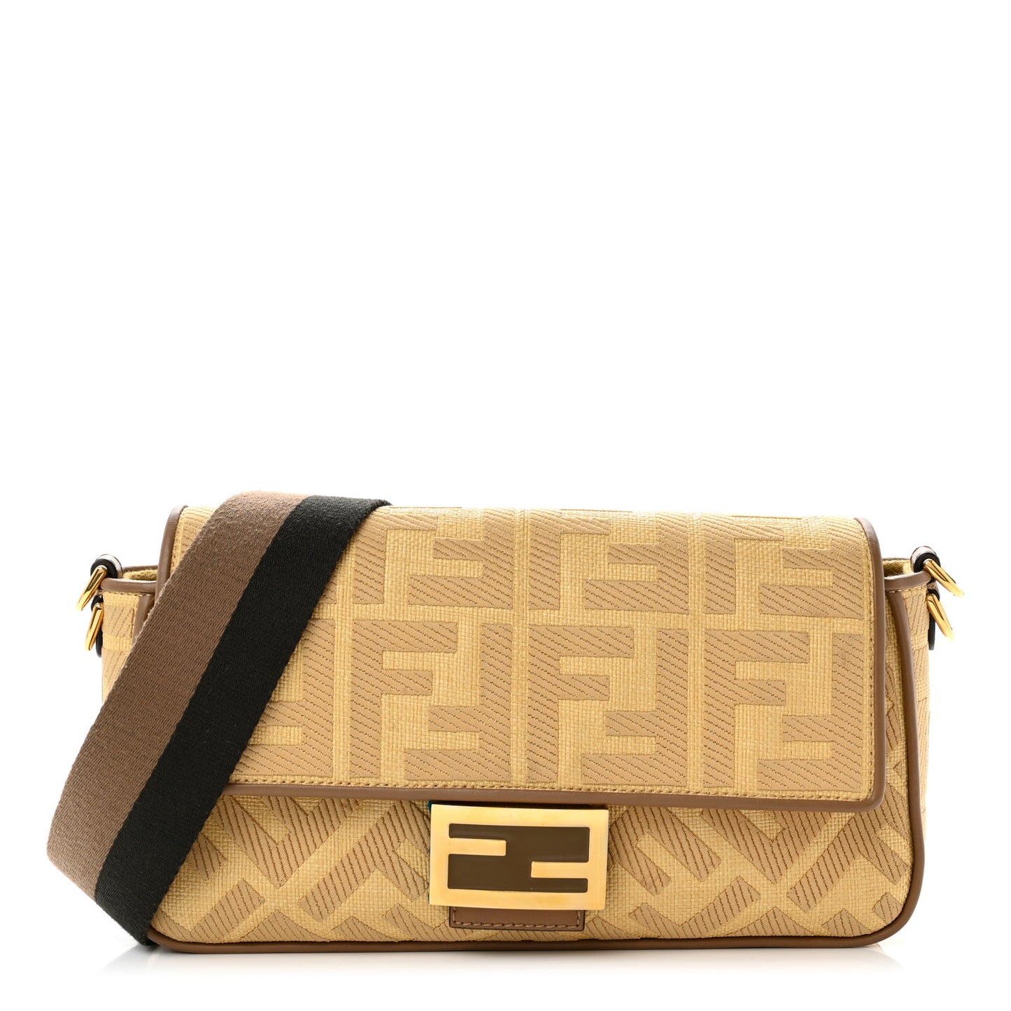 Raffia Vitello King Lucido FF Embroidered Baguette Grano Sand