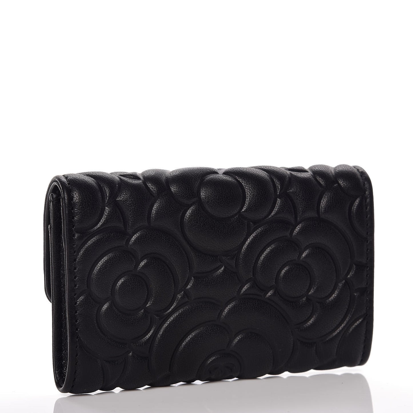 Lambskin Camellia Embossed Card Holder Wallet Black