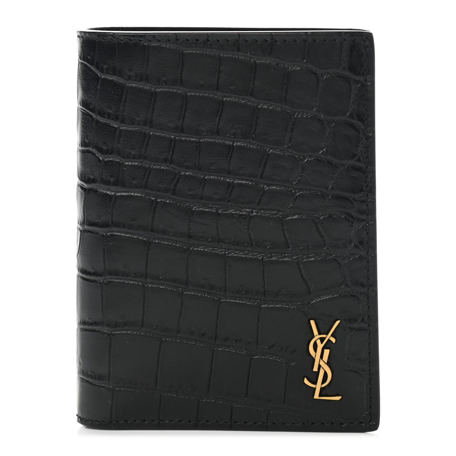 Saint Laurent Calfskin Crocodile Embossed Tiny Monogram Credit Card Wallet Black 1 of 7