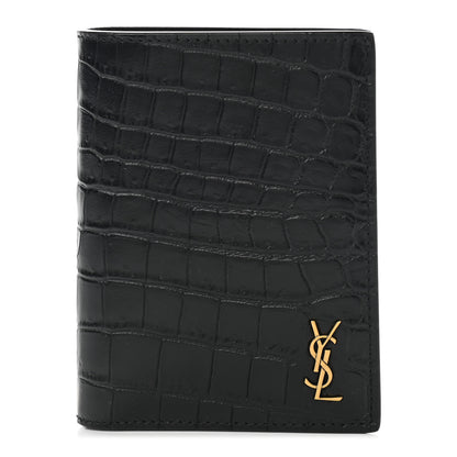 Saint Laurent Calfskin Crocodile Embossed Tiny Monogram Credit Card Wallet Black 1 of 7