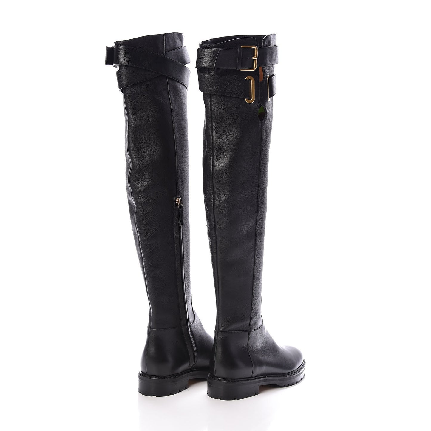 Calfskin Knee High Buckle Boots 36 Black