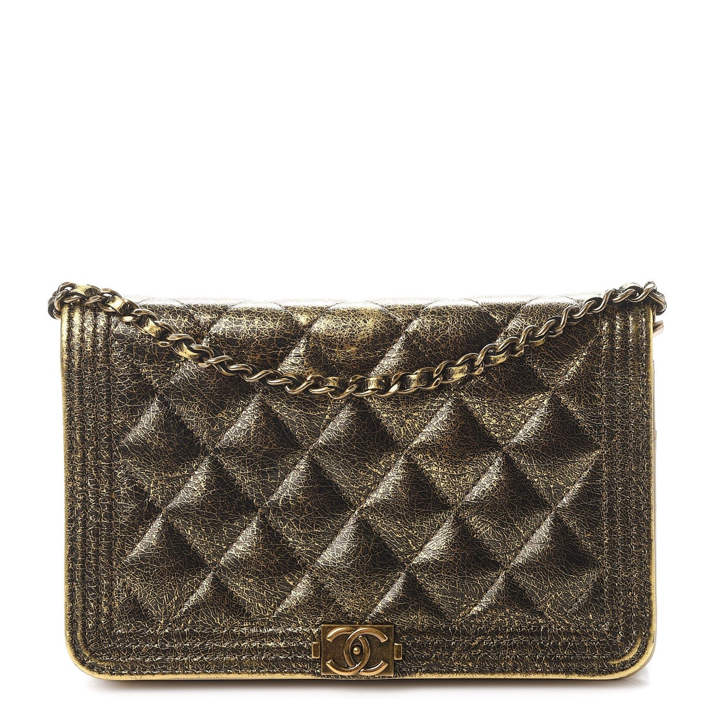 Metallic Calfskin Quilted Boy Wallet On Chain WOC Gold
