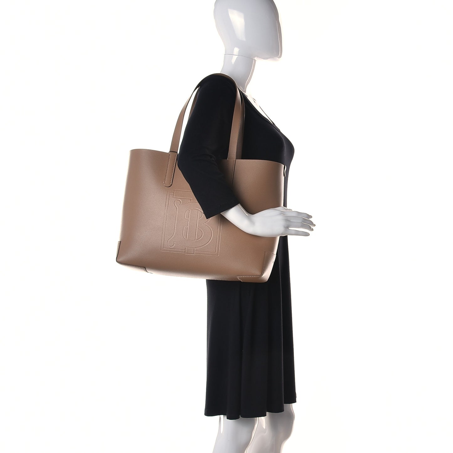 Calfskin TB Motif Embossed Medium Tote Camel