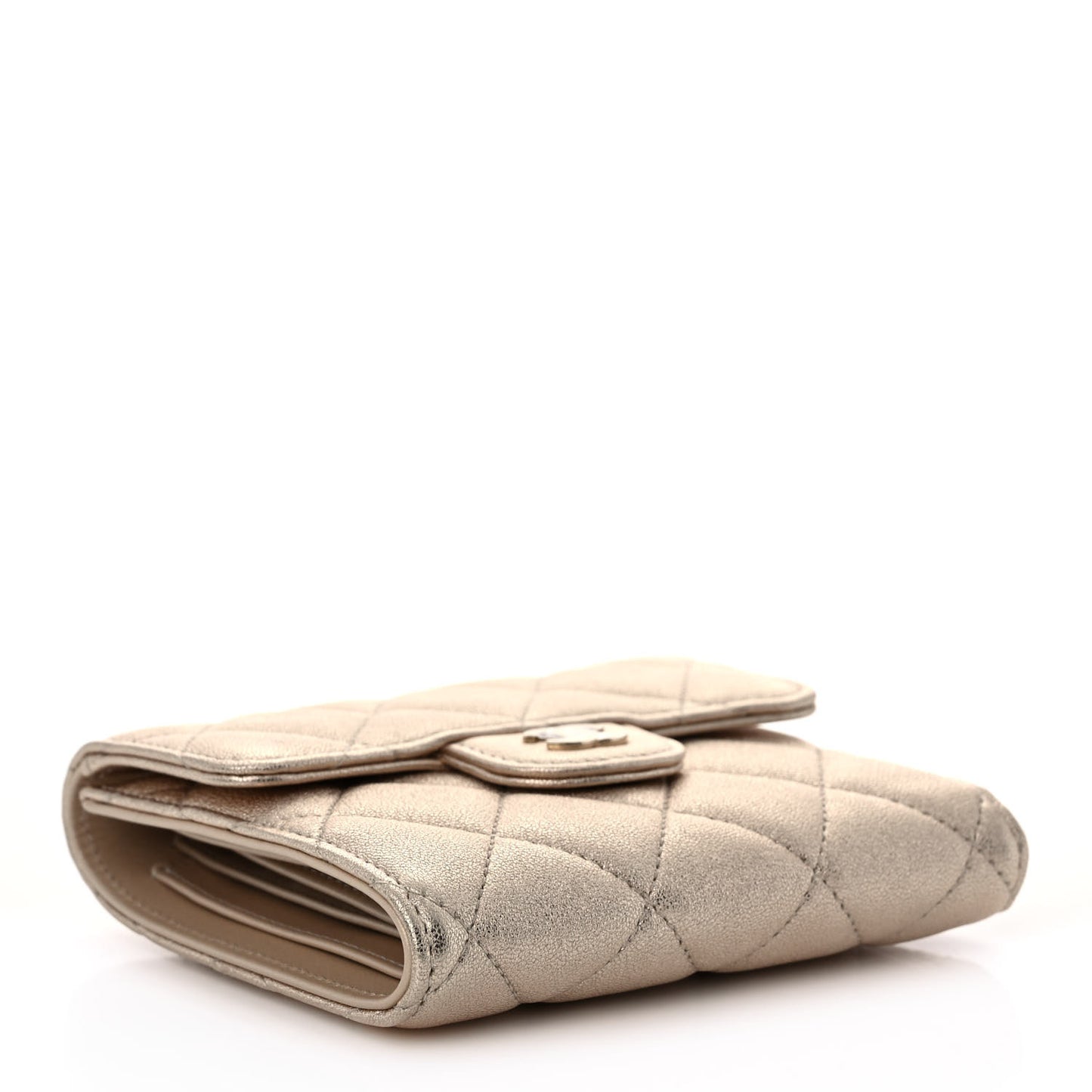 Metallic Lambskin Quilted Compact Flap Wallet Gold