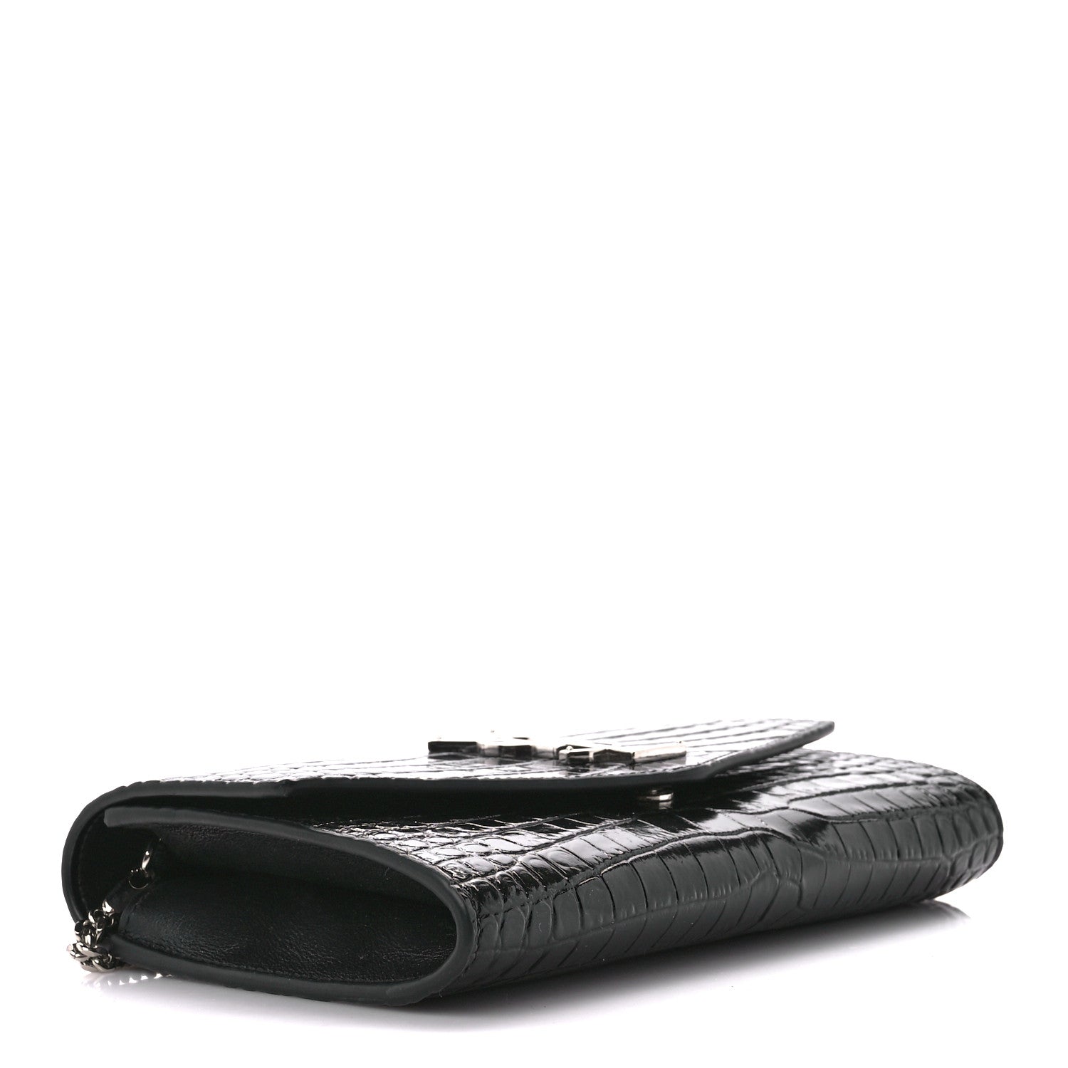 Saint Laurent Calfskin Crocodile Embossed Monogram Uptown Chain Wallet Black 5 of 13