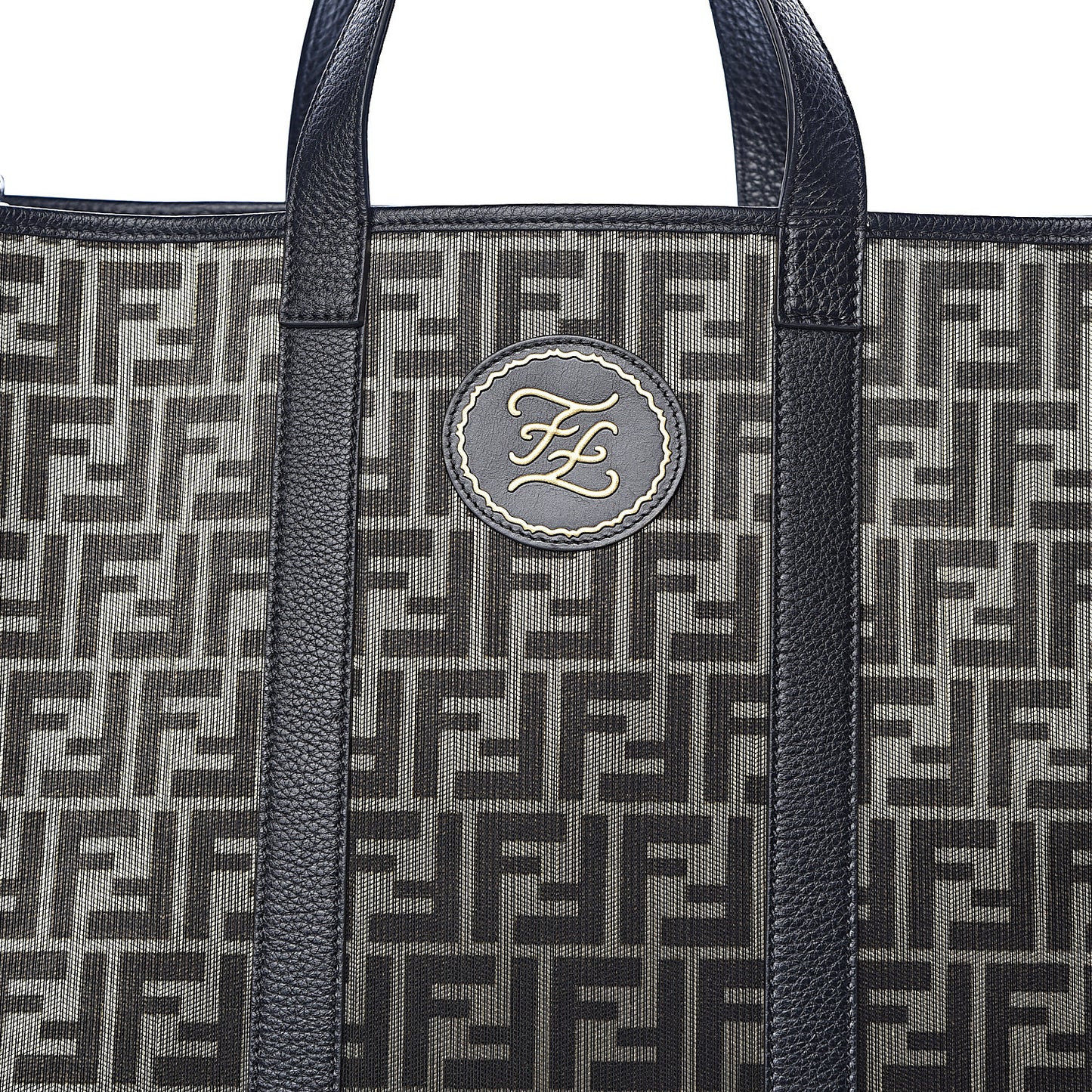 Fabric Jacquard Cuoio Roma FF Metallic Thread Karligraphy Tote Gold Black