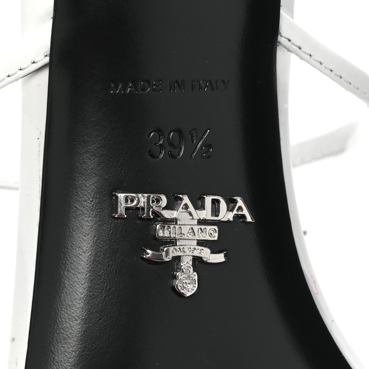 Plexiglass Calfskin Metal Triangle Logo 75mm Slide Sandals 39.5 White