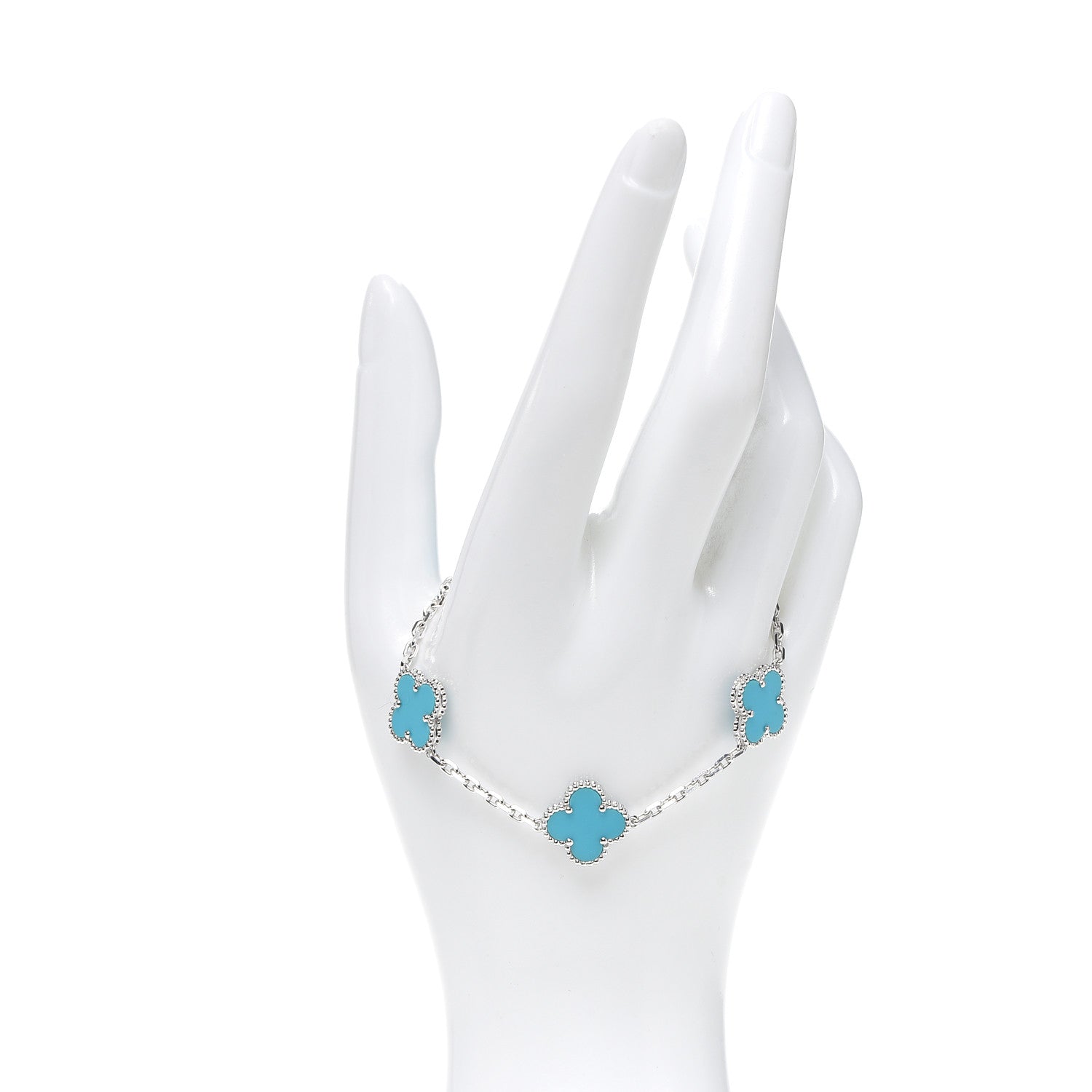 Van Cleef & Arpels 18K White Gold Turquoise 5 Motifs Vintage Alhambra Bracelet 2 of 5