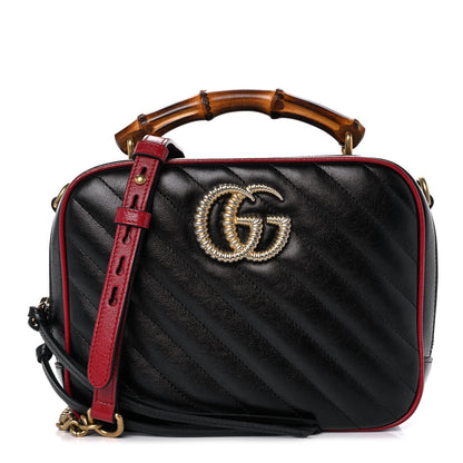 Gucci Vintage Effect Calfskin Matelasse Diagonal Small Torchon GG Marmont Bamboo Top Handle Shoulder Bag Black Romantic Cherry 1 of 11