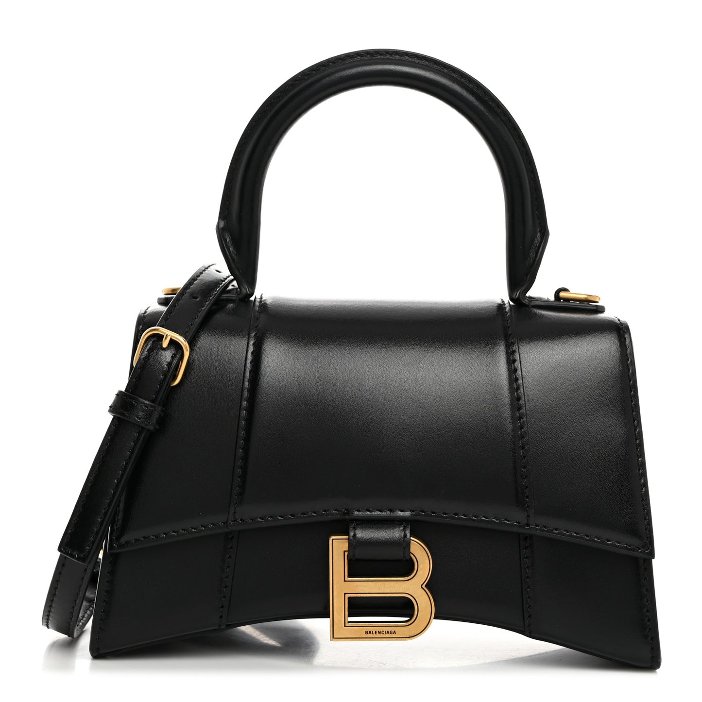 Shiny Box Calfskin Hourglass Top Handle Bag XS Black