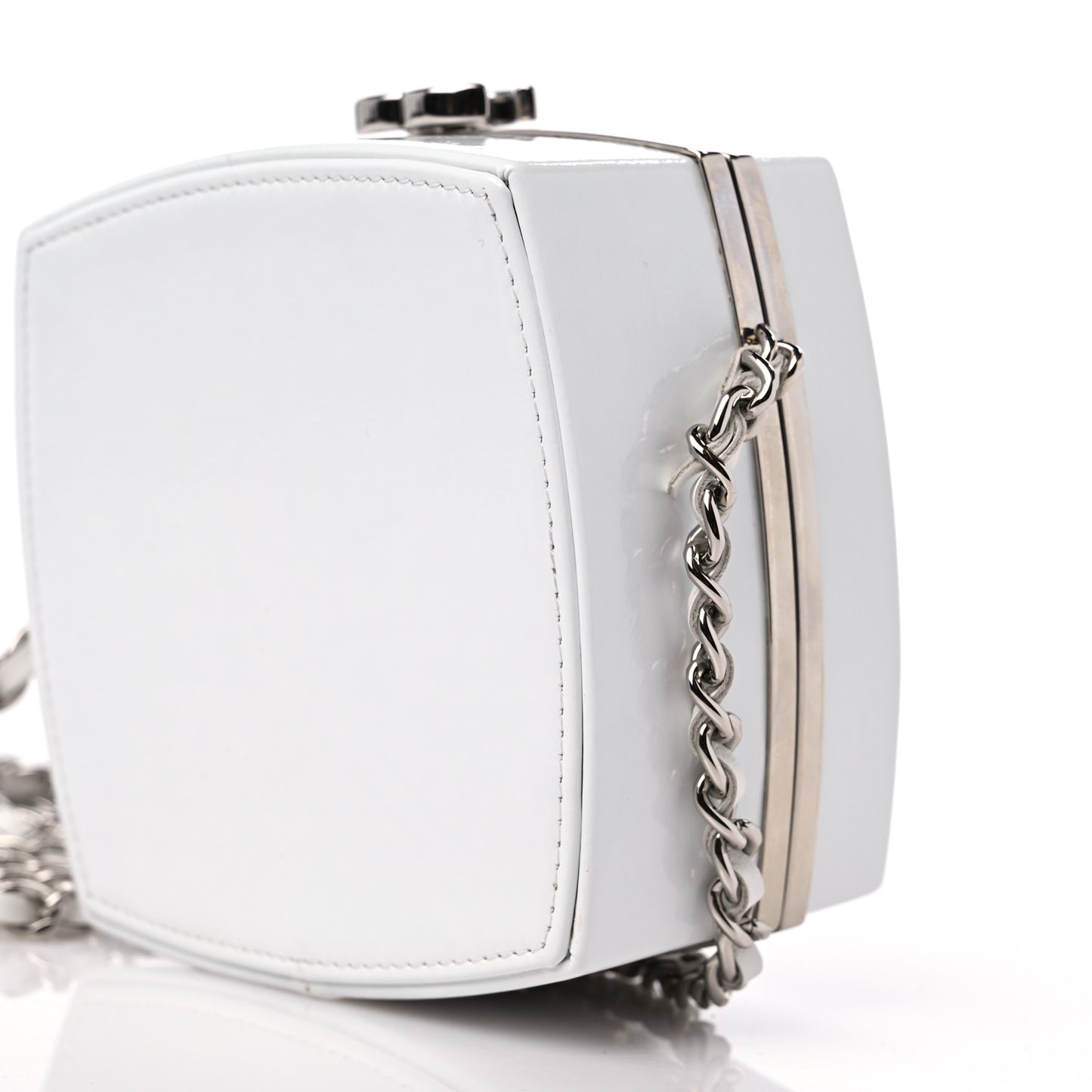 Patent Goatskin Quilted Clutch With Chain White